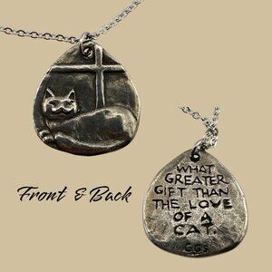 Pewter Cat in a Window Necklace Double Sided Pendant